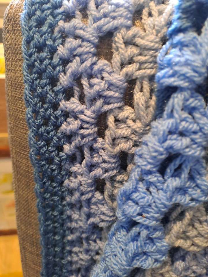 Snuggle Throw Blue Grey Crochet Knitted Handmade Super Soft Knee