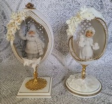Vtg Rhea Egg Collectible. Decorated & Carved, Santa & Mrs. Clause Diorama Pair