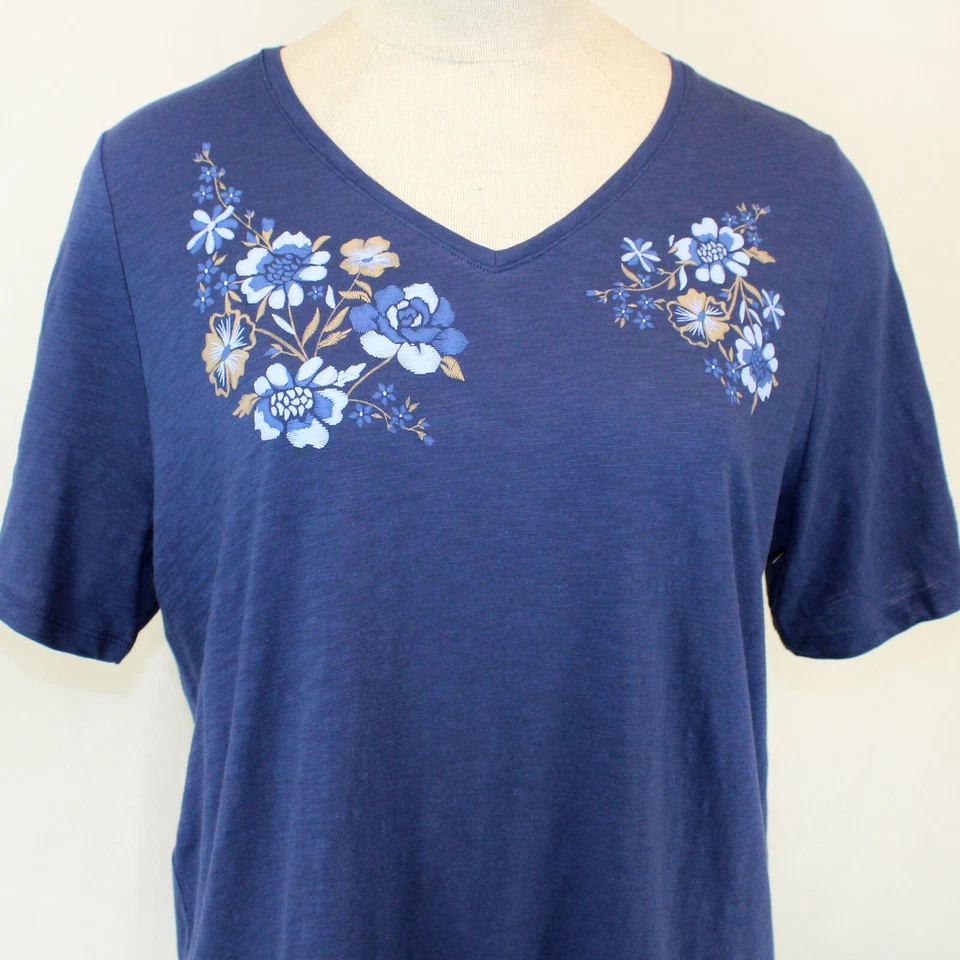 Catherines Plus Blue Flower Print Cotton Top Blouse 0X, 14/16 - Image 2 of 4