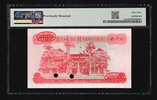 Mauritius 1967 - 10 Rupees P#31as **Specimen 000000** PMG Choice UNC 63 - Picture 2 of 2