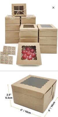 Lasoa Kraft Bakery Boxes 15pcs w/windows 4x4x2.5  Sticker Twine