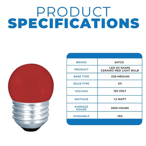 S11 LED Medium Light Bulb - Ceramic Red - 1.2W - 120V - SATCO-S9165 - Picture 3 of 8