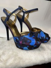 Nine West “Rako” Floral Blue Strappy 5” Suede Stilettos Heels 1” Platform Sexy !