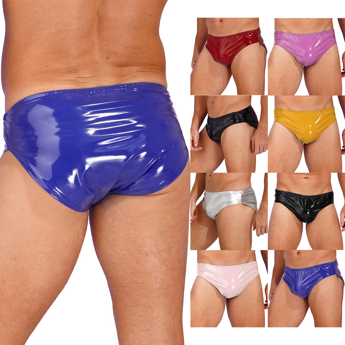 Mens Wet Look PVC Leather Swimwear Low Rise Underwear Bulge Pouch