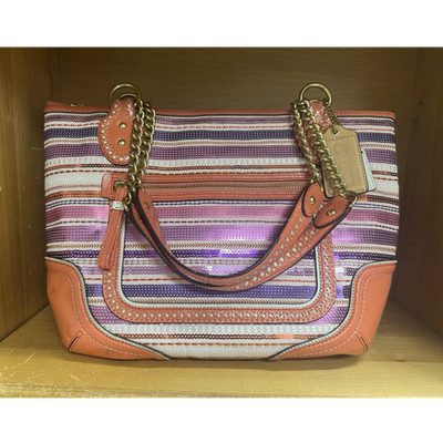2012 Poppy Coach Striped Shoulder Bag Pink Orange Purple Gold Hardware