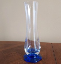 Murano glass 8" Clear and Blue Flower Footed Vase with Trapped Symmetric Bubbles