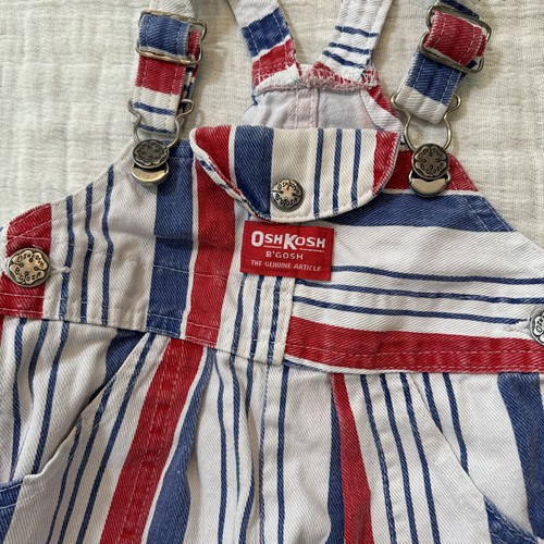 Vintage OshKosh Short Overalls, Size 12M Red White & Blue Stripes, Retro USA - Picture 5 of 6