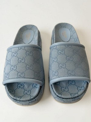 NIB Gucci Blue GG Monogram Logo Canvas Platform Sandal Size US8.5