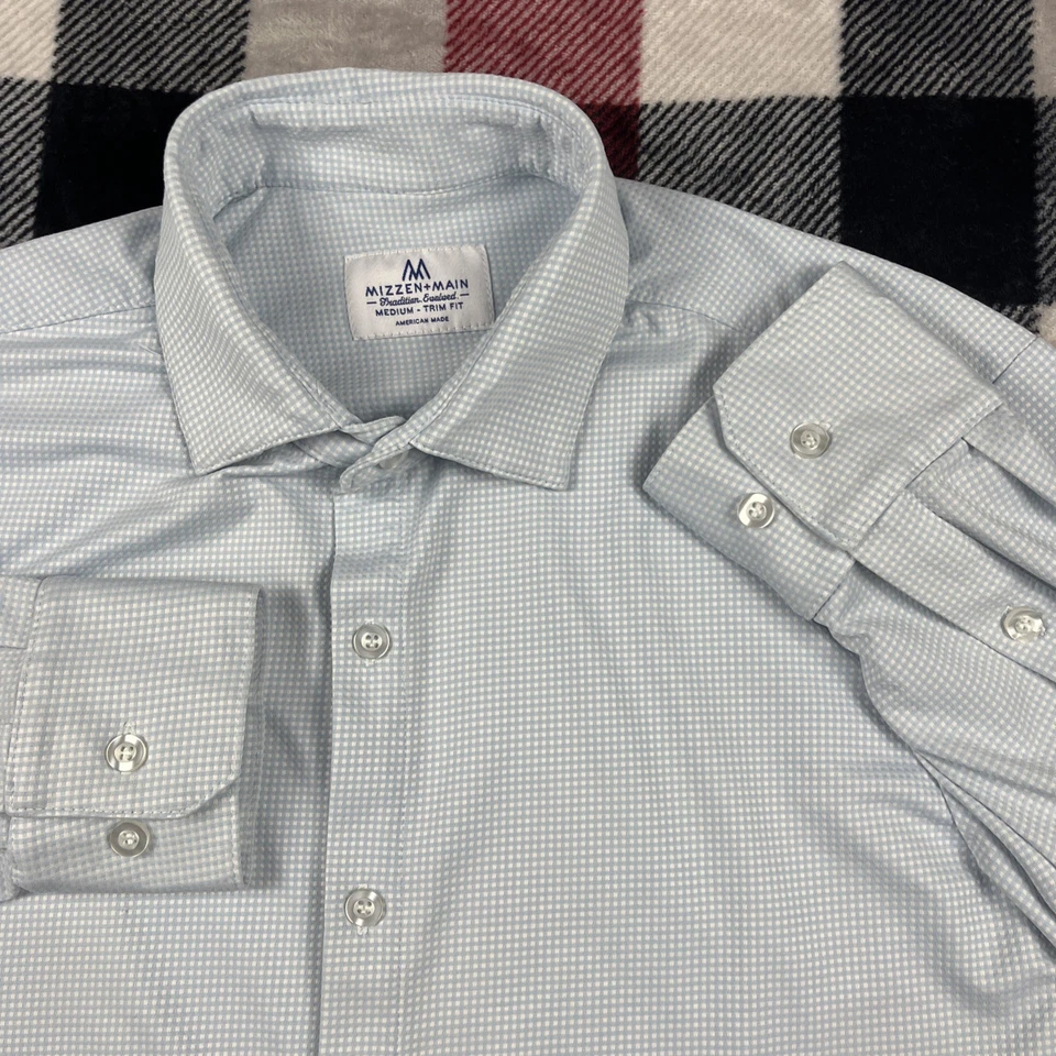 Mizzen Main Performance Shirt Mens M Blue Check Trim Fit Maylard Button *stain - Image 2 of 4