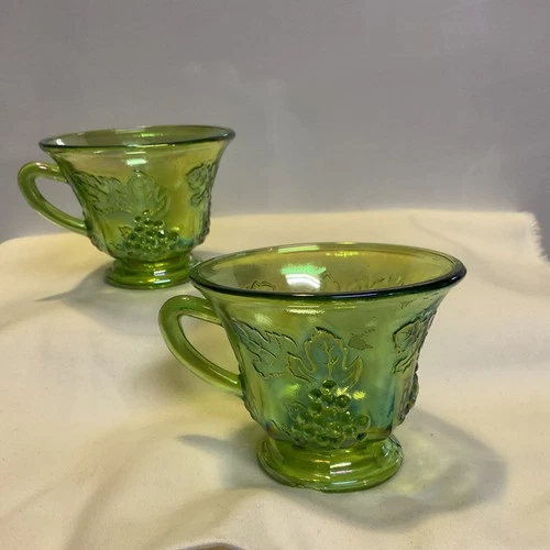 Set of 2Vintage Indiana Green Iridescent Carnival Glass Cups Harvest Grape