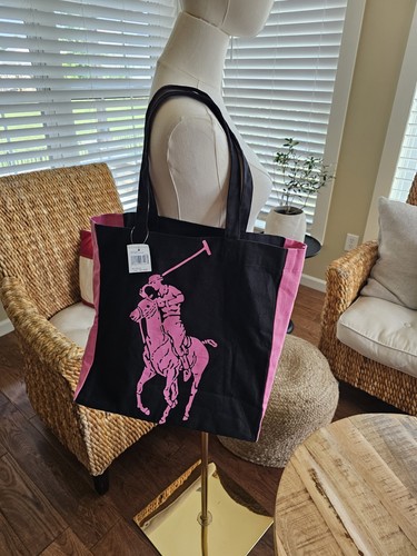 Vintage Polo Ralph Lauren Black Canvas RL 2000 Pink Pony Logo Tote Bag