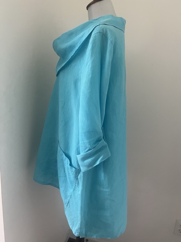 Ali Miles Oversized S Turquoise 100% Linen Tunic Blouse Top 3/4 Sleeve Pockets - Picture 4 of 8