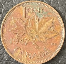 🇨🇦1947 CANADA PENNY KING GEORGE VI BLUNT 7 DENTICLED PENNY COLOURED PATIIMA