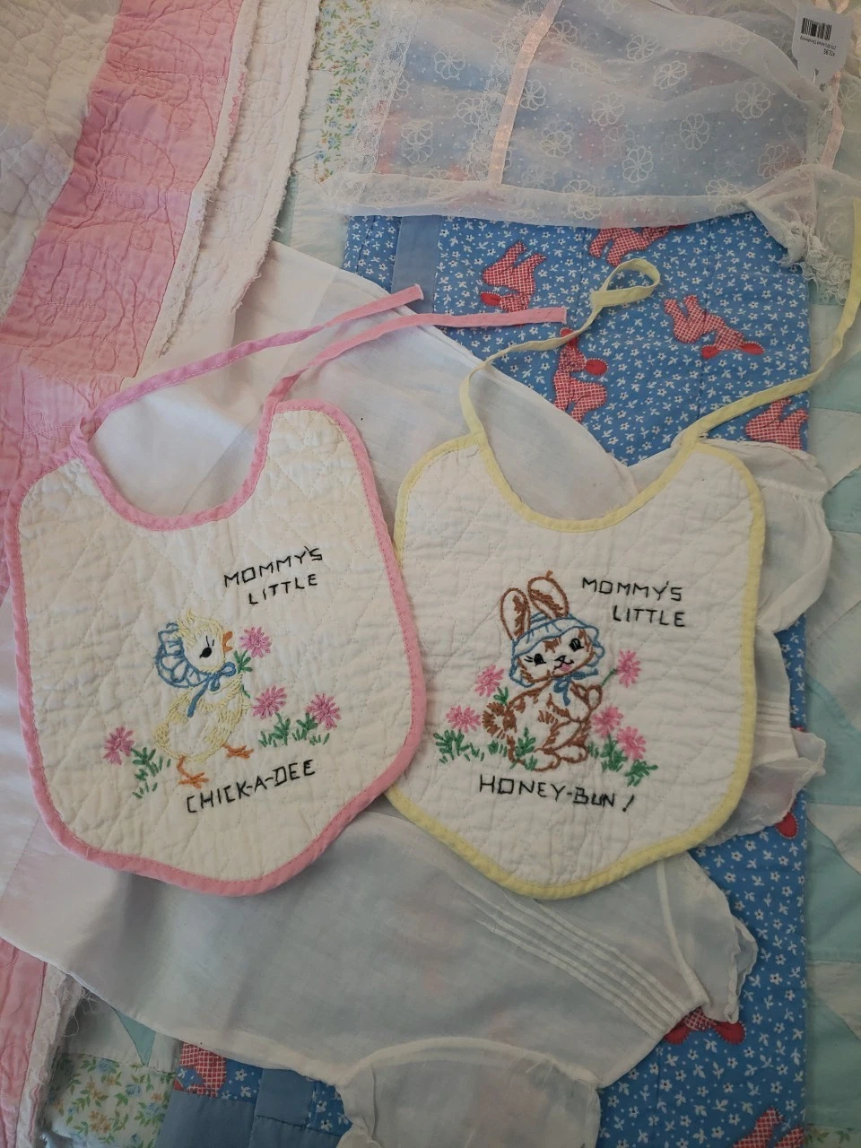 Vintage Embroidered Baby Bib Set Chick Bunny Nursery Decor