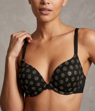 M&S Boutique Bra 36A Black Gold Polka Dot Plunge Underwired Padded Lace