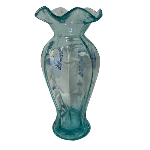 Vintage Fenton Aqua Vase, 9-1/2" Very Beautiful! 1970's, Hand Painted Flowers