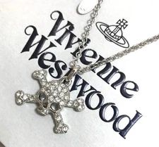 Vivienne Westwood Skull Orb Stone Chain Necklace Silver N0367