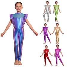 Kids Girls Metallic Unitard One Piece Gymnastics Leotard Ruffle Sleeve Jumpsuit