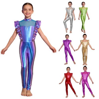 Girls Shiny Metallic Alien Fancy Disco Jazz Dress Outer Space Jumpsuit Unitard