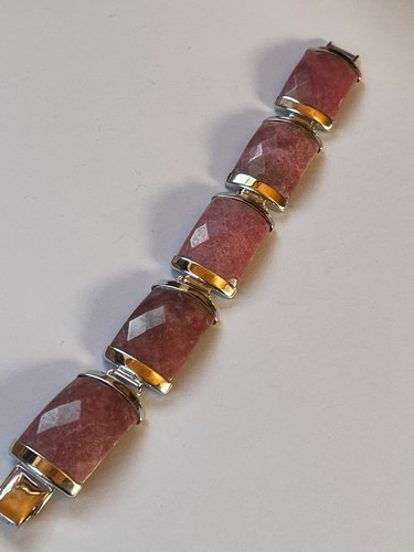 Faceted Rose Stone Rectangle in 925 Marked Silver Frame Link Bracelet - 7 and 5/ - Picture 7 of 20