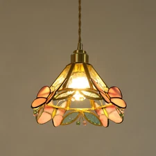 Mini Pink Butterfly Pendant Light 8.6 Inches Wide Stained Glass Hanging Lamp