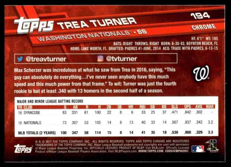 2017 Topps Chrome SP VARIATION PHOTO Trea Turner Washington Nationals #194 R32 - Image 2 of 2