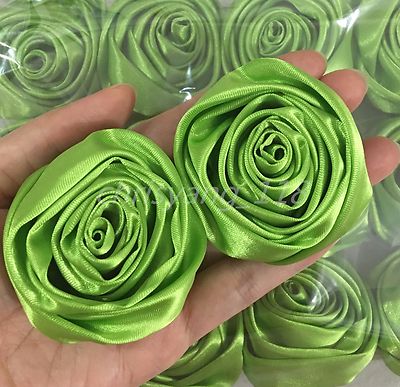 24pc/lot Light Green 2'' Satin Ribbon Rose Flower DIY Wedding Bridal Bouquet 50mm