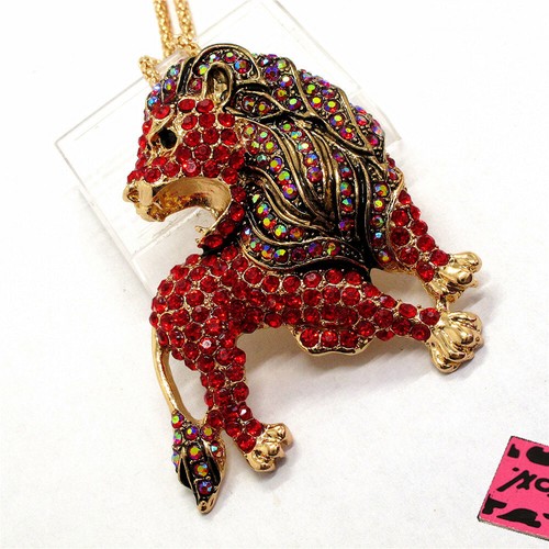 New Fashion Red Bling Crystal Cute Lion Animal Pendant Sweater Chain Necklace - Picture 3 of 4