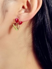 RED TULIPS ENAMEL FLOWER STUDS SUMMER EARRINGS GOLD TONE
