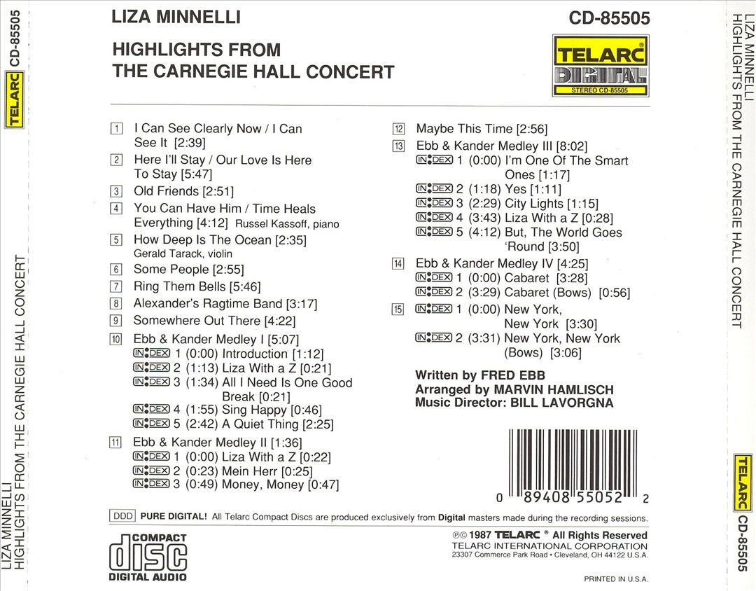 LIZA MINNELLI HIGHLIGHTS FROM THE CARNEGIE HALL CONCERTS NEW CD
