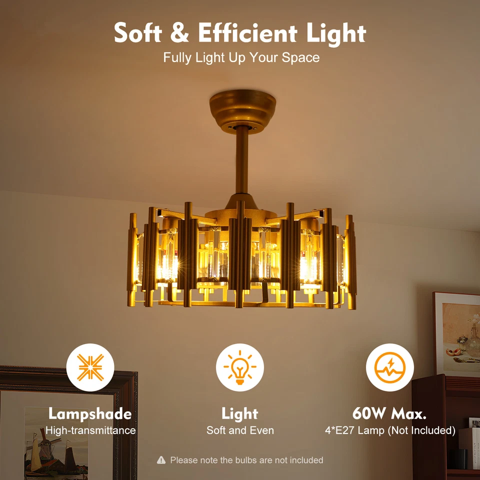 20" Ceiling Fan Light LED Chandelier Semi Flush Mount Pendant Lamp Fixture Gold - Image 2 of 4