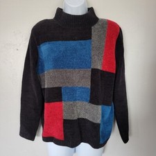 Alfred Dunner Vintage Medium Petite Colorblock Chenille Sweater Black Red Blue