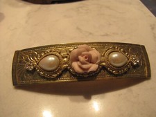Gold tone Hair Clip Porcelain Rose faux pearl crystals Made In France