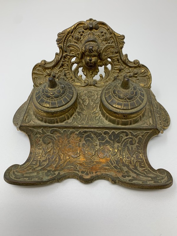 Vintage Brass Victorian Ornate Double Inkwell