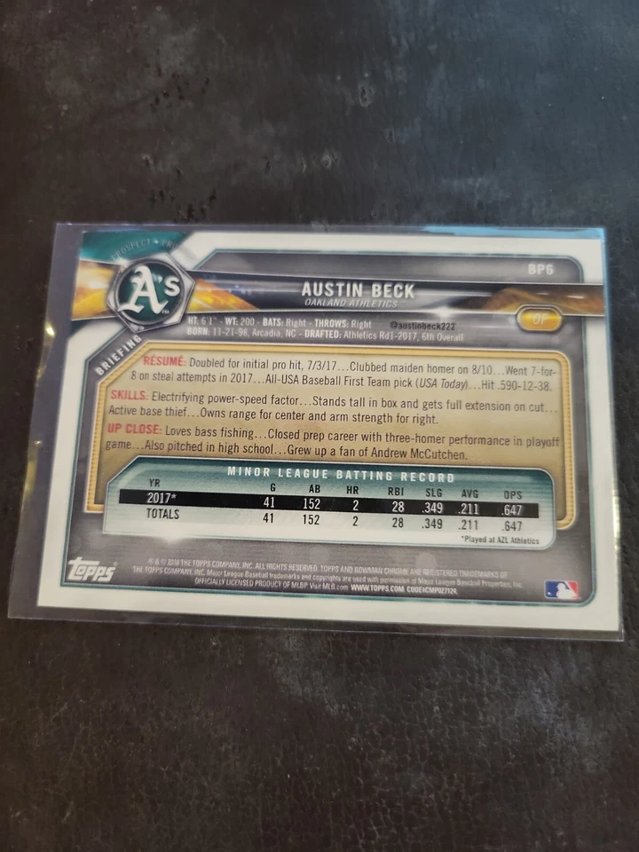 2018 Bowman Baseball Austin Beck RC Rookie Card Signed IP Auto /499 Sky Blue MLB - Image 2 of 2