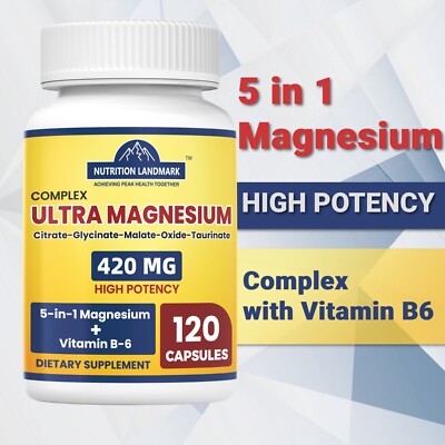 Magnesium Vitamin B6 Complex Supplement 420mg 120 Vegan Capsules High Absorption
