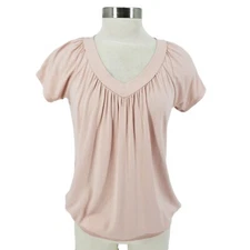 JM Collection Blouson Shirt Casabella Pink Short Sleeve V Neck Top NWT Medium