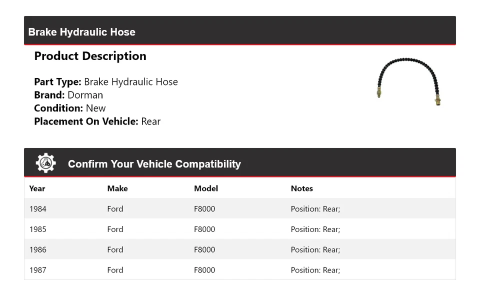 Manguera hidráulica de freno trasera 1985 1986 para Ford F8000 Dorman 1984-1987 Foto 2 de 4