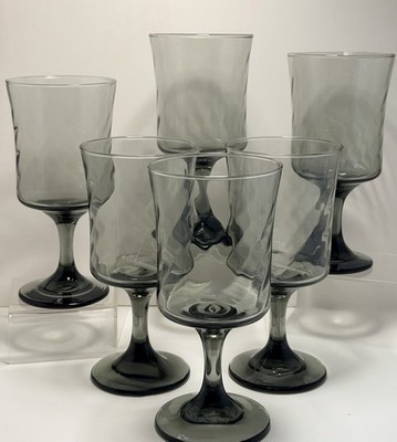 Vintage Smoke Gray Wine Goblets Set of 6 Glasses 7  Stemware Barware