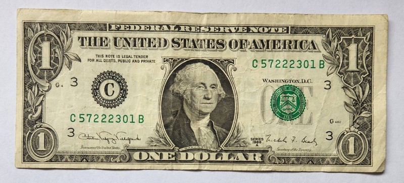ERROR NOTE,$1 Bill, Offset Border, Offset Upper Serial Number, C57222301B