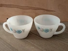 2 Vintage Anchor Hocking Fire King Milk Glass Bonnie Blue Flower Teacups only