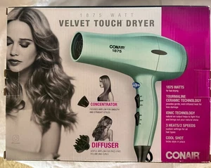 Conair Séchoir à cheveux Velours Touch 1875 Watt Soft Touch Teal avec 2 Pièces jointes NIB