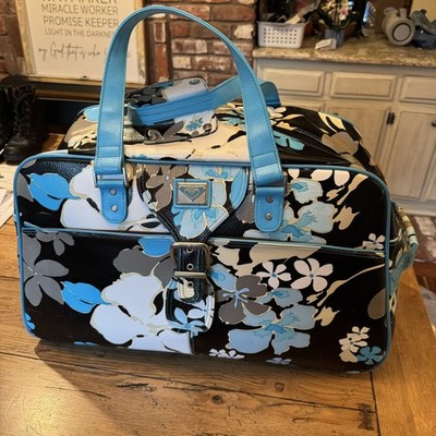 Roxy Vintage Women s Rolling Duffle Bag Black Blue Floral Print lauggage