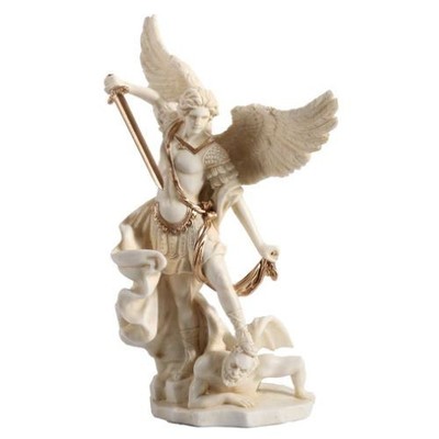 Heiliger Michael Erzengel besiegt Luzifer kleine Statue Skulptur gebunden Marmor