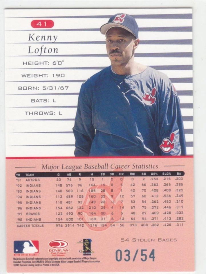2001 Donruss KENNY LOFTON #03/54 SEASON STAT LINE HOLO CLEVELAND INDIANS - Image 2 of 2