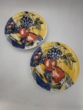 Pier 1 Italy Ceramic Yellow Blue Red Fruit Pear Apple Grapes Soup Bowl Set Of 2