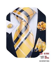 Mens Tie and Lapel Pin Set Silk Plaid Solid Paisley Necktie  Yellow Plaid
