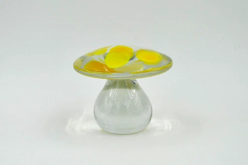 Vintage Blenko Glass Mushroom Paperweight - #7020M - Crystal & Yellow
