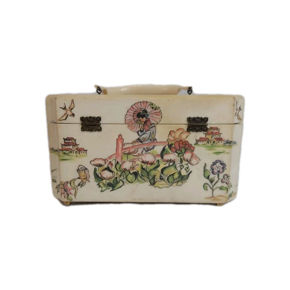 Vtg.Decoupage Rectangle Wood Purse Felt Lined Mirror Lucite Handle Oriental VGC - Image 3 of 4