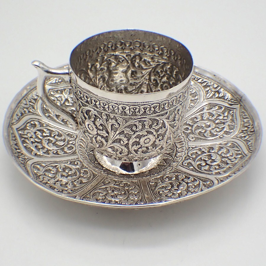Ornate Cup and Saucer Set Hand Chased 950 Sterling Silver | eBay